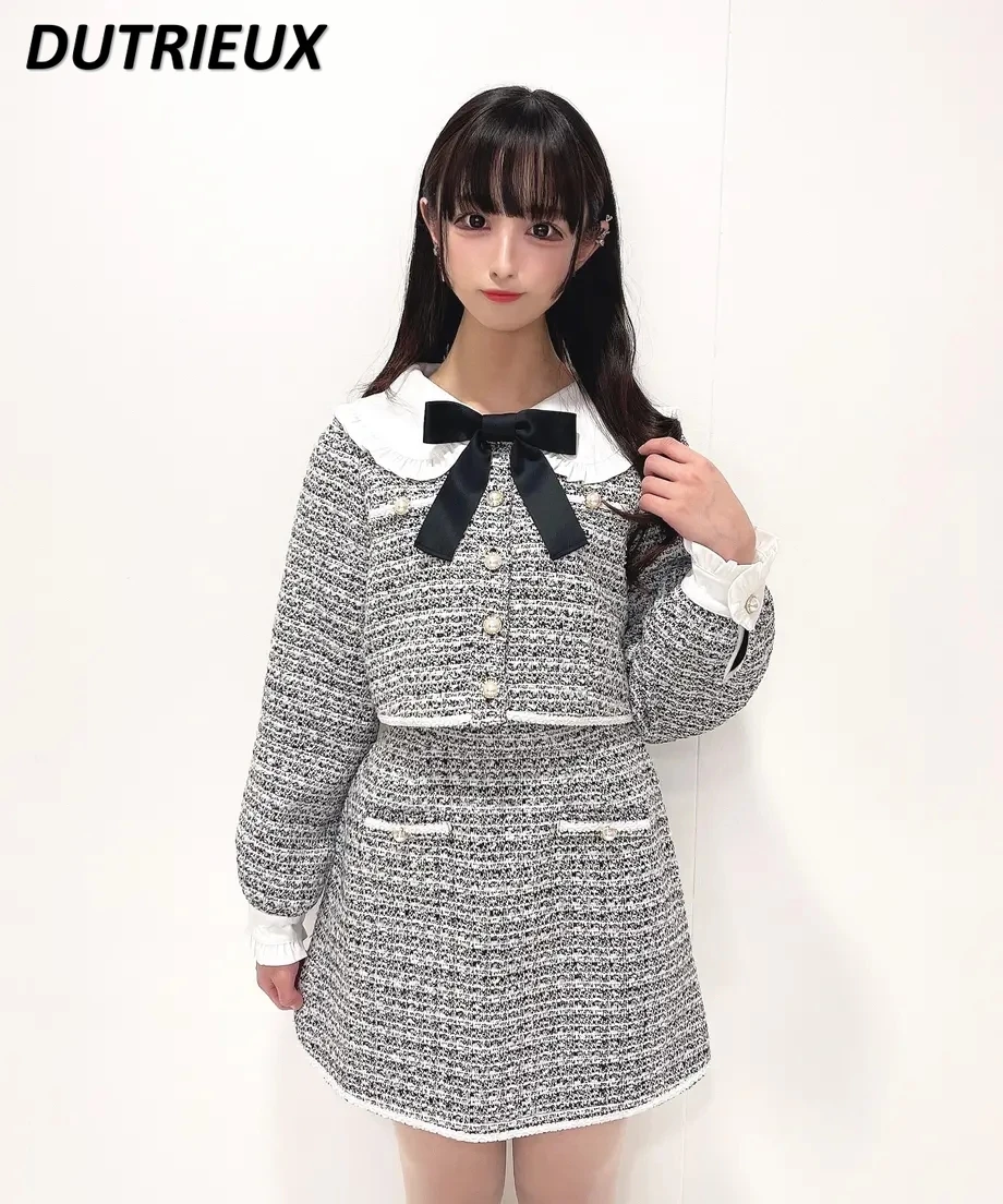 

Japanese Style Sweet Spring Autumn Cute Tweed Flower Doll Collar Single-Breasted Coat and Short A-line Skirt Two Piece Suit