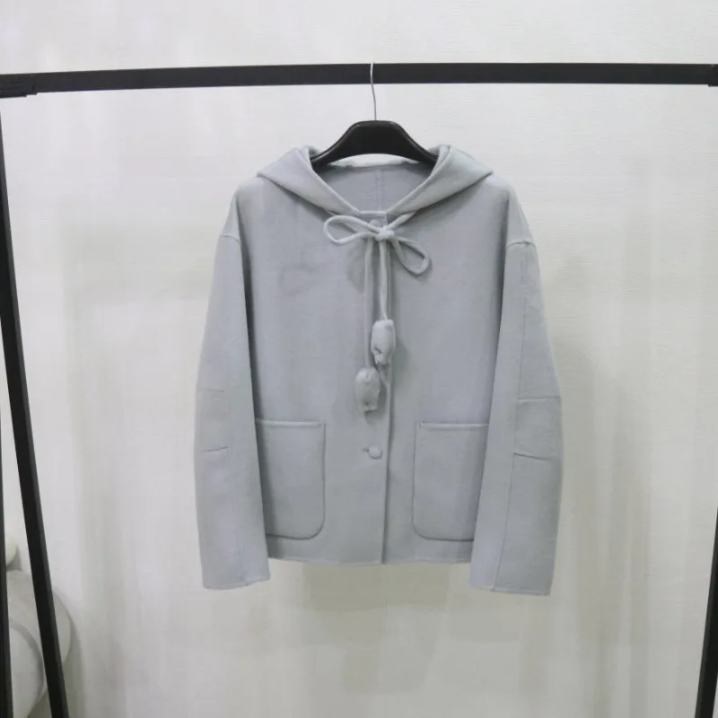 

Women's Chic Korean Style Sweet Tulip Tie Hooded Wool Jacket Lady Cute Single Breasted Pockets Long Sleeve Loose Short Outwear