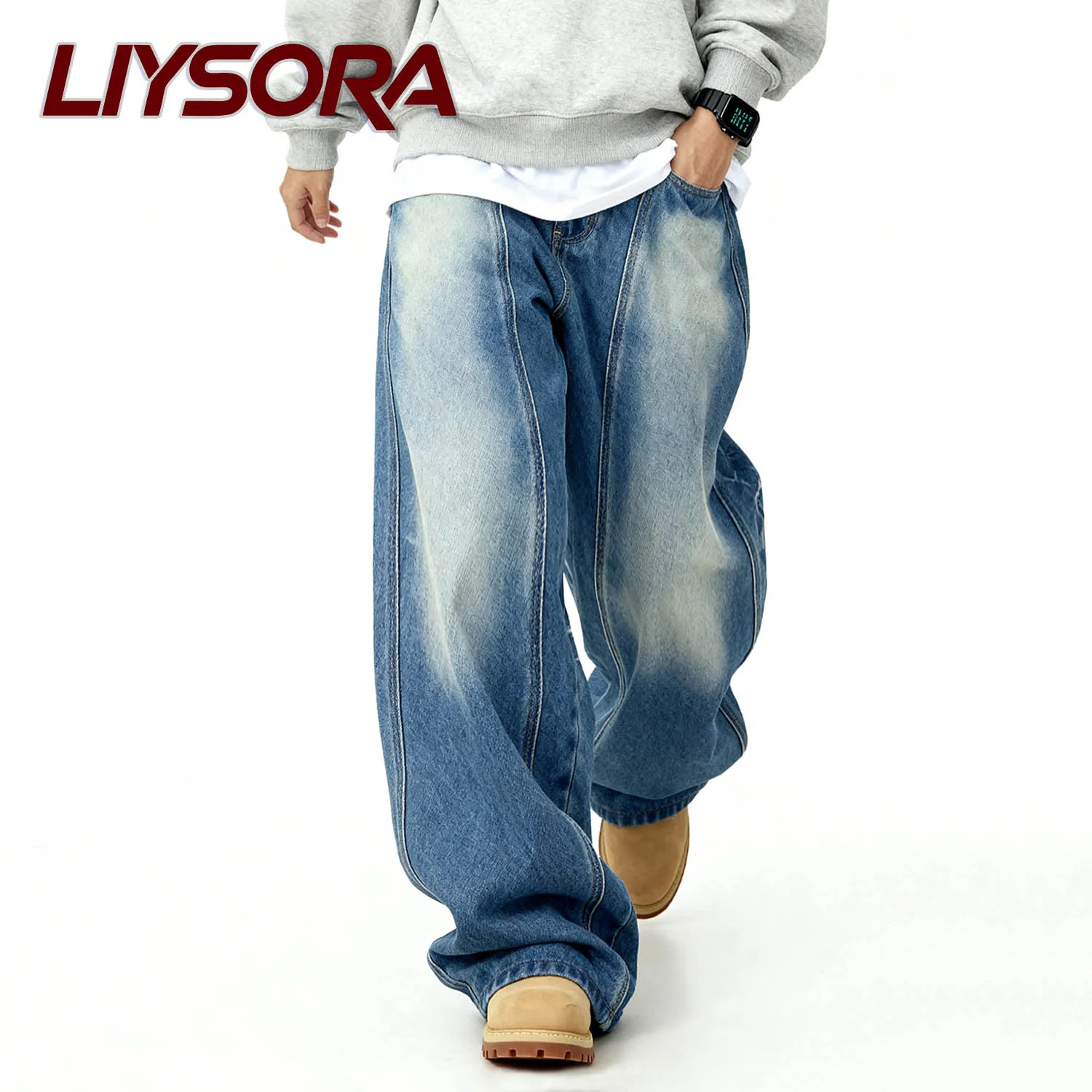 

American Retro High Street Blue Baggy Wide Leg Jeans Street Ripple Splicing Deconstruction Loose Wide Leg Denim Pants Unisex