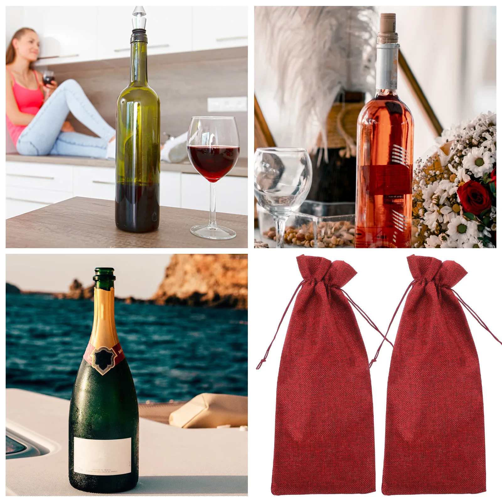 5 قطع من حقيبة زجاجات النبيذ غطاء برباط من الكتان الفاخر لهدايا الزفاف وعطلة عيد الميلاد وحقيبة النبيذ القابلة لإعادة الاستخدام