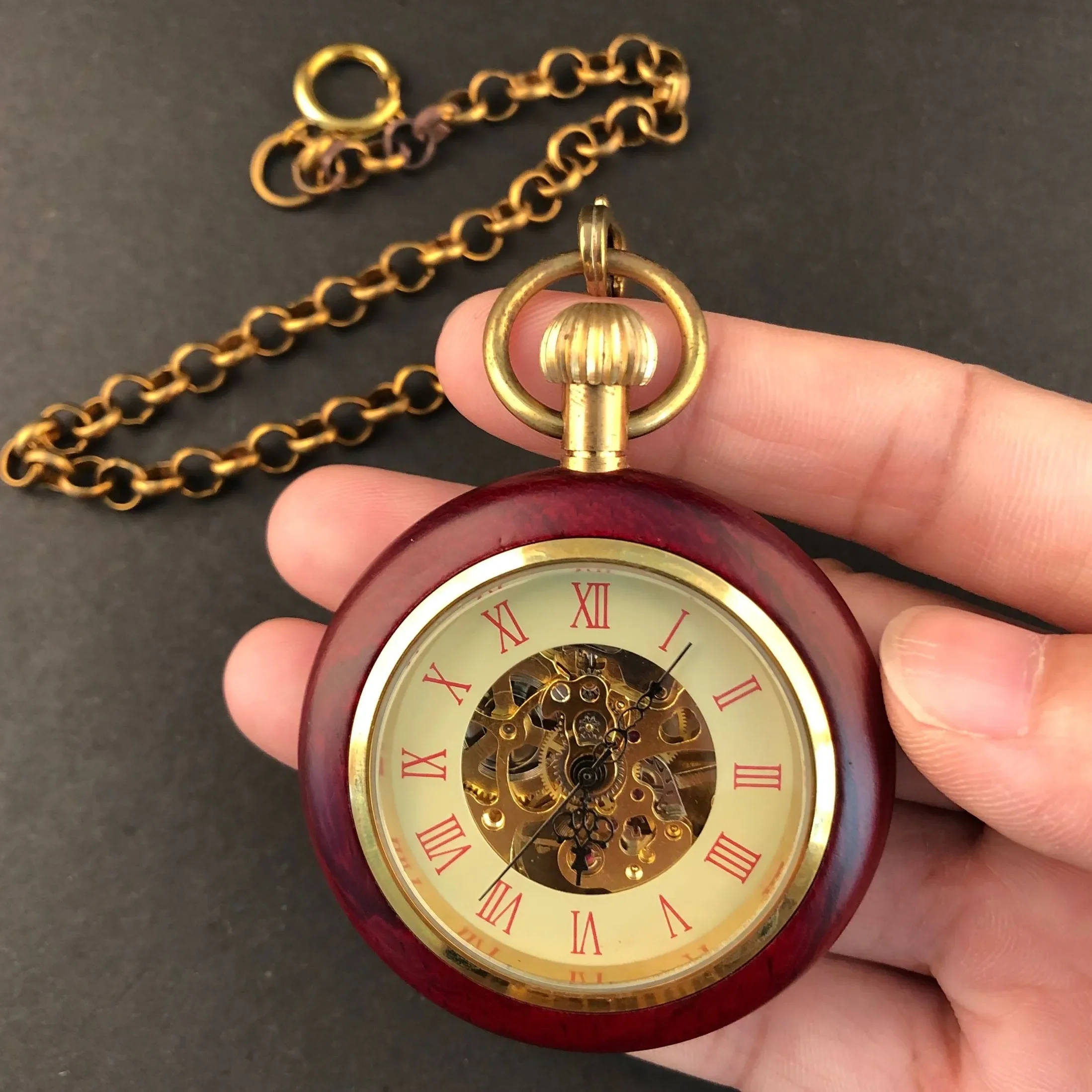 Red Wooden Mechanical Pocket Watch  Open Face Pendant Pocket Pendant Clock Luxury Watch for Men Women with 30cm Bronze Chain