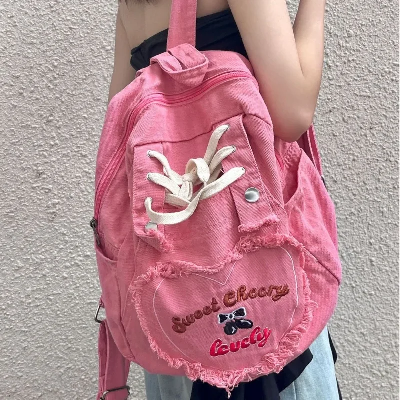 MBTI-Sac à Dos en Denim Rose Y2k pour Femme, Mignon, Grande Capacité, Vintage, Lettre Brodée, Style Harajuku, Esthétique