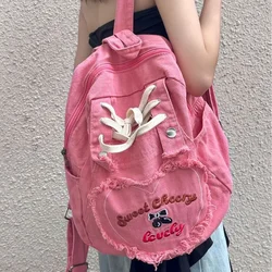 MBTI-Sac à Dos en Denim Rose Y2k pour Femme, Mignon, Grande Capacité, Vintage, Lettre Brodée, Style Harajuku, Esthétique