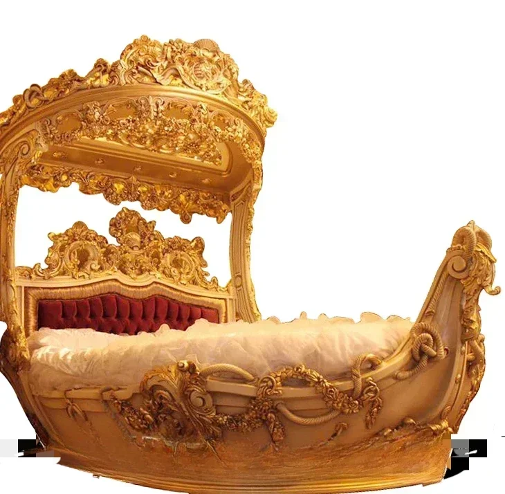 Luxury Boat Style French Fabric Princess Villa Bedroom Furniture Bedroom Set Muebles European-Style Wood Carved Double Bed