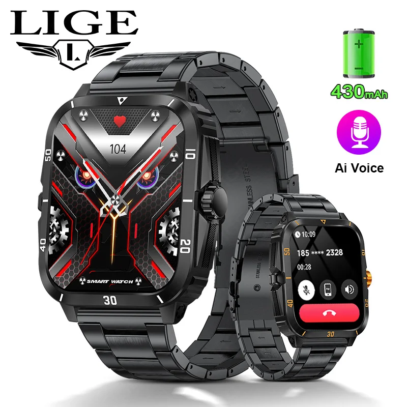 

LIGE 3ATM Waterproof Military Smart Watch Men For Android IOS Ftiness Waterproof Watch 1.96 AI Voice Bluetooth Call Smart Watch