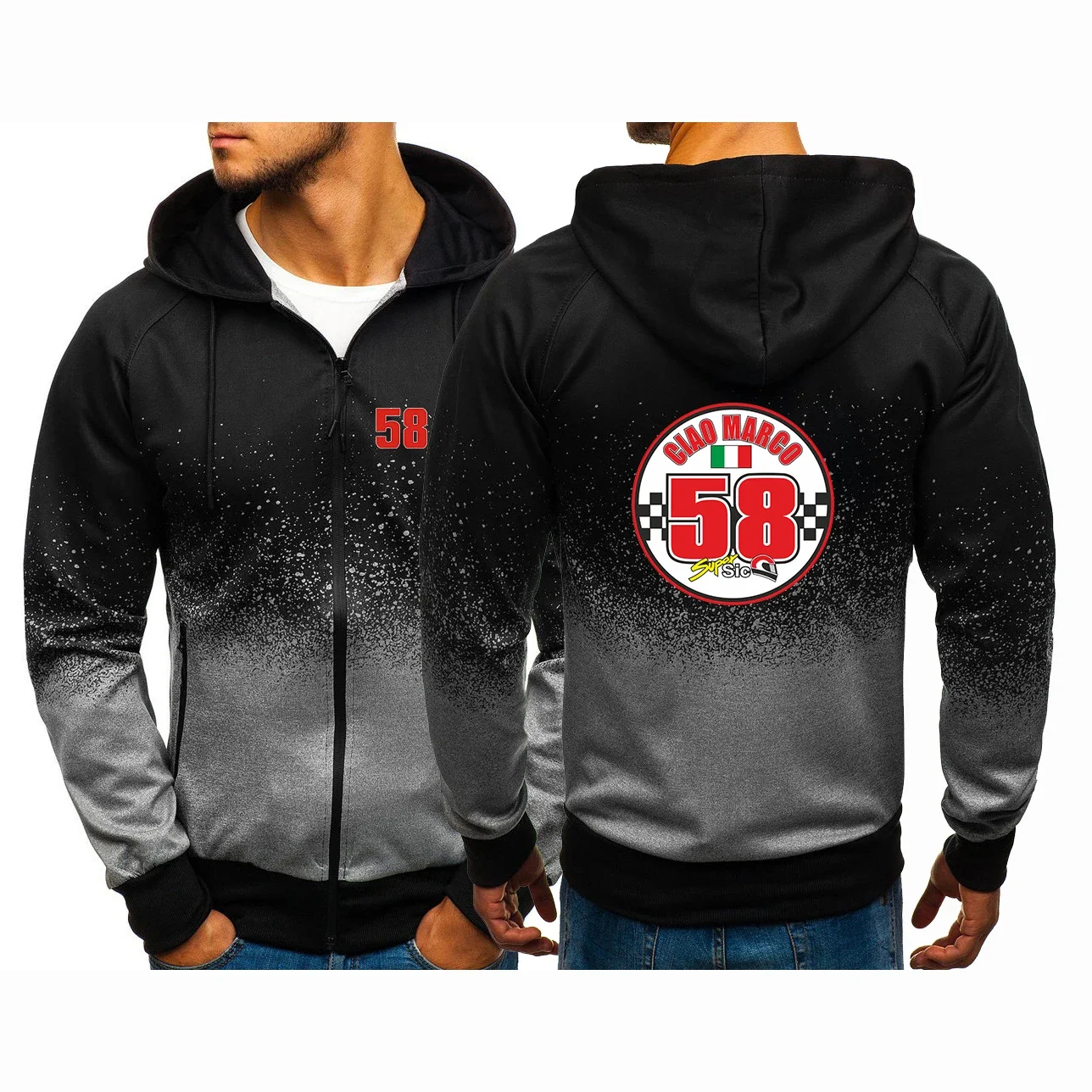 2024 Spring Autumn Men's Marco Simoncelli Super Sic 58 Logo Print Trendy Gradient Color Design Popular Hooded Jacket Zipper Coat