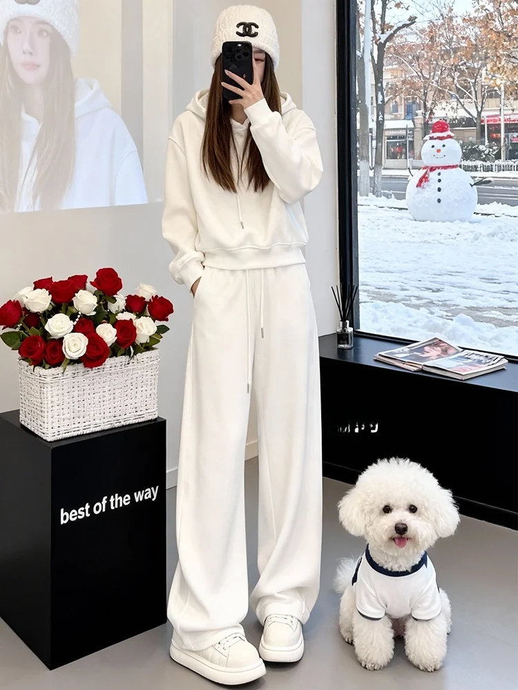 

Комплект Salt Series: Повседневный уличный стиль, женский, весна 2026, новинка. Белый худи с длинным рукавом и брюки с высокой талией и широкими штанинами, комплект из двух предметов.