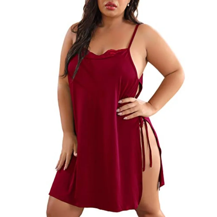 

Women Plus Size Lace Babydoll Lingerie Side Slit Strappy Chemise Sleepwear