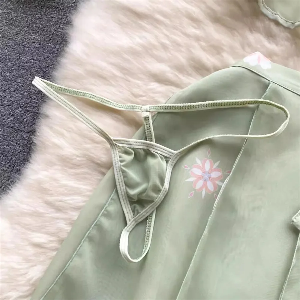 انظر من خلال الحلو مثير الرسن الرقبة أكمام قصيرة المحاصيل الأعلى حزام تنورة صغيرة مطبوعة الأزهار المرأة مجموعة الصينية Hanfu زي جديد #6