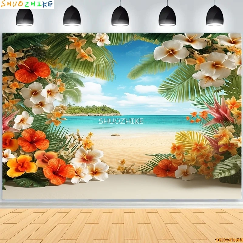 Vacanze tropicali Fenicottero Oceano Paesaggio Fondali Fotografia Prop Palme Spiaggia Turismo Festa di compleanno Sfondo fotografico HN-01