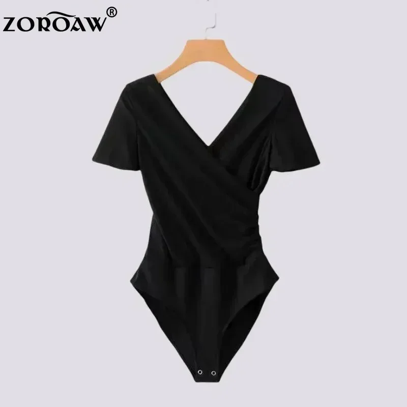 Short Sleeve Bodysuits for Women, Slim Rompers, Female Overalls, Spring Tops and Blouses, Black and White, New Fashion, 2023