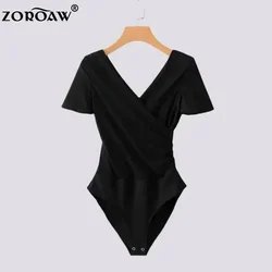 Bodysuits de manga curta para mulheres, macacão fino, macacão, tops e blusas, preto e branco, nova moda, 2023