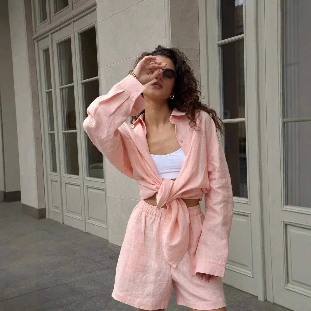 

Two Piece Sets Womens Outifits Cotton Cardigan Long Sleeved 2025 Summer Solid Color Shorts Women m
