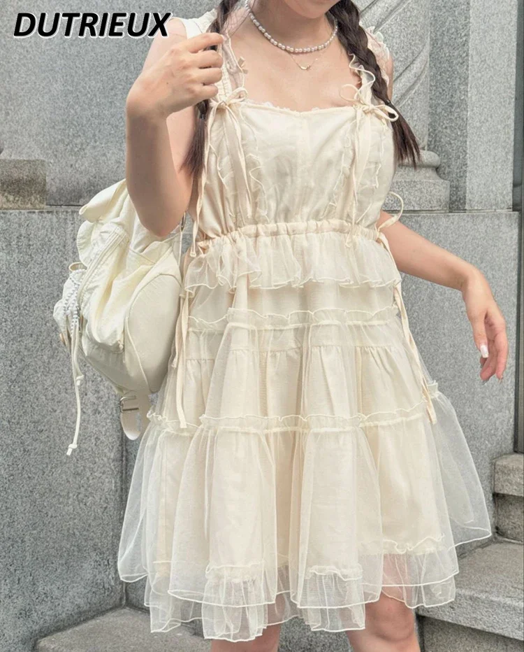 

Japanese Style Sweet and Cute Lace-up Bow Solid Color Sleeveless Dress Kawaii Girls Lace Mesh Suspender Short Dresses