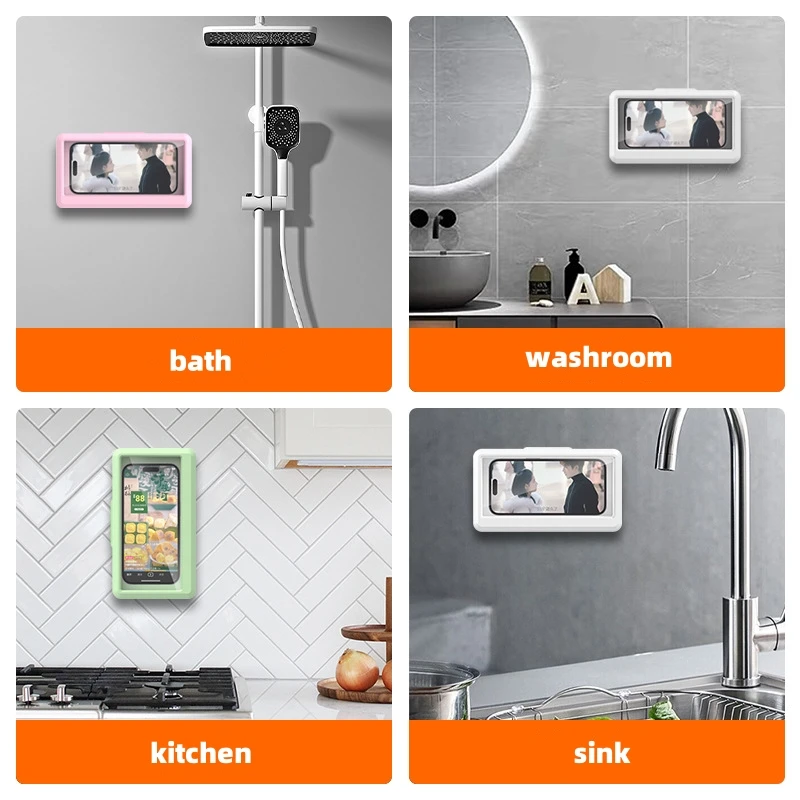 Bathroom Waterproof Phone Holder Home Wall Phone Case Stand Box Self-adhesive Touch Screen Phone Bracket Shower Sealing Storage image 4