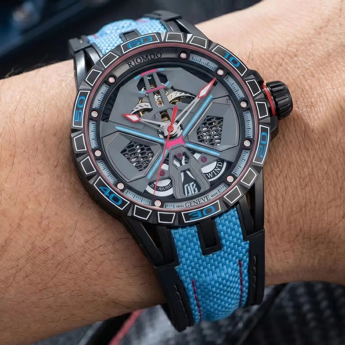 

OBLVLO Men Automatic Watch Fashion 46mm Mechanical Wristwatch 50m Waterproof Sapphire Mirror Luminous Skeleton Dial