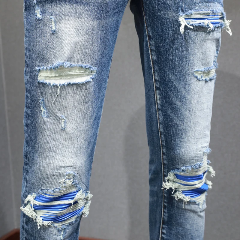 New designer jeans with blue leather patch washed, nostalgic stretch, slim fit, high-quality blue pants Y2K