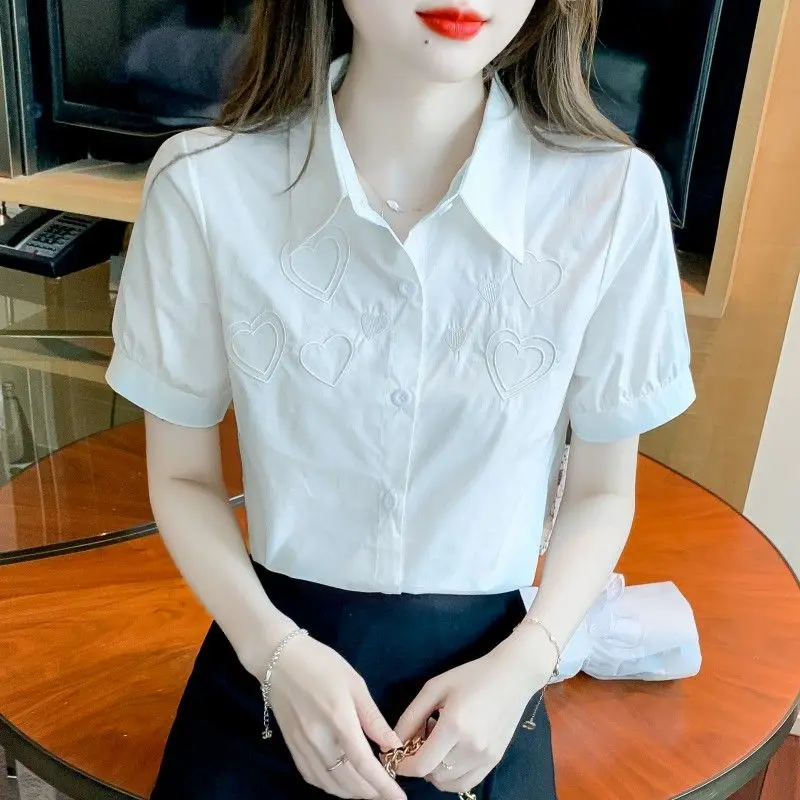 

New Summer Love Embroidered Lapel Professional White Shirt Short-sleeved Fashionable Shirt Women's Design Niche