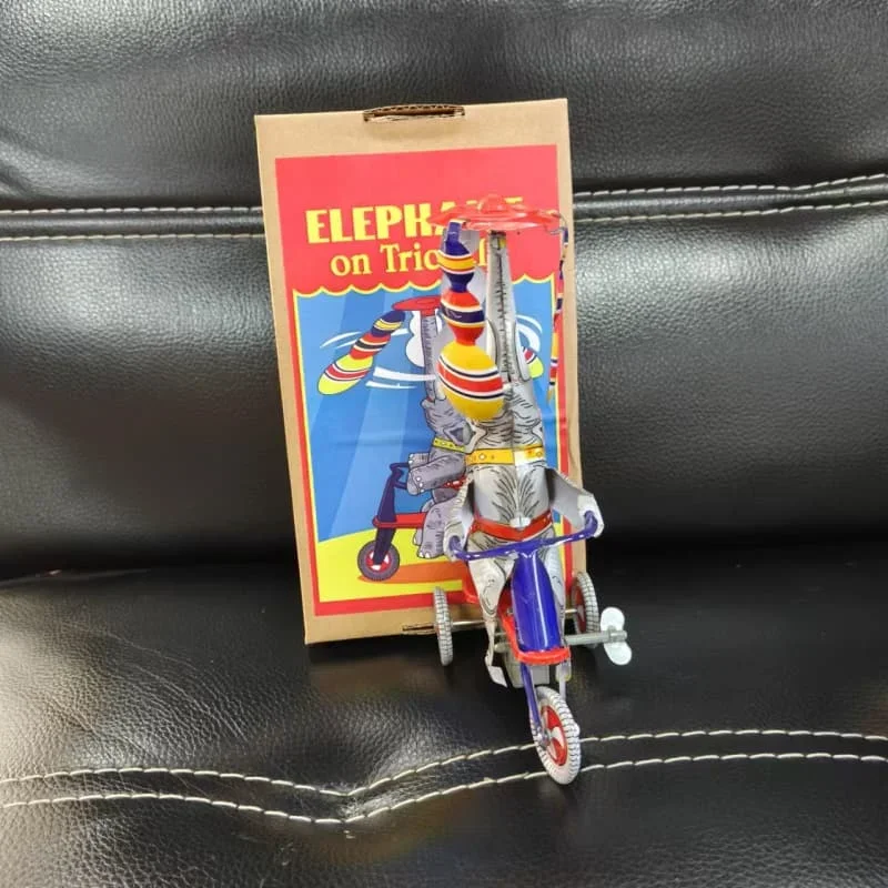 [Funny] Adult Collection Retro Wind up toy Metal Tin circus acrobatics elephant on tricycle Mechanical Clockwork toy figure gift