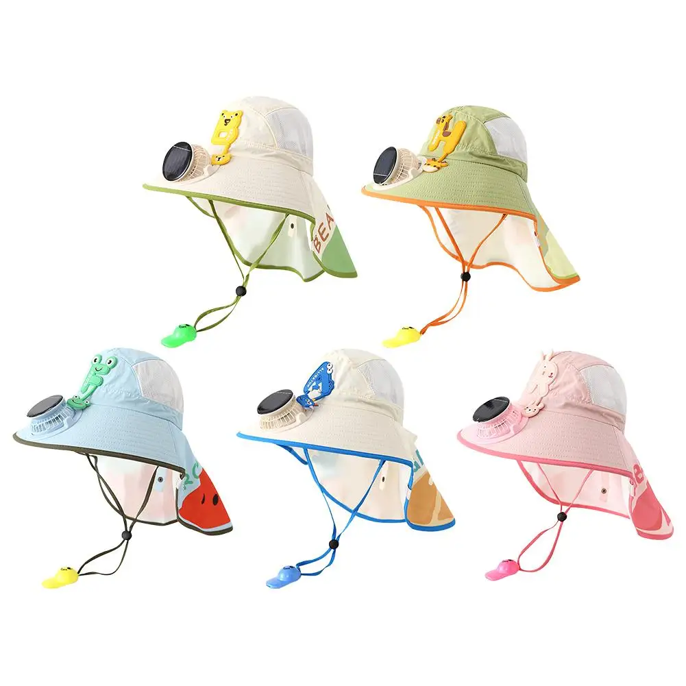E5 Solar USB Charging Fan Sun Hat UPF50+UV Protection Wide Brim Neck Flap Breathable Mesh Adjustable Cooling Hat Cap for Outdoor