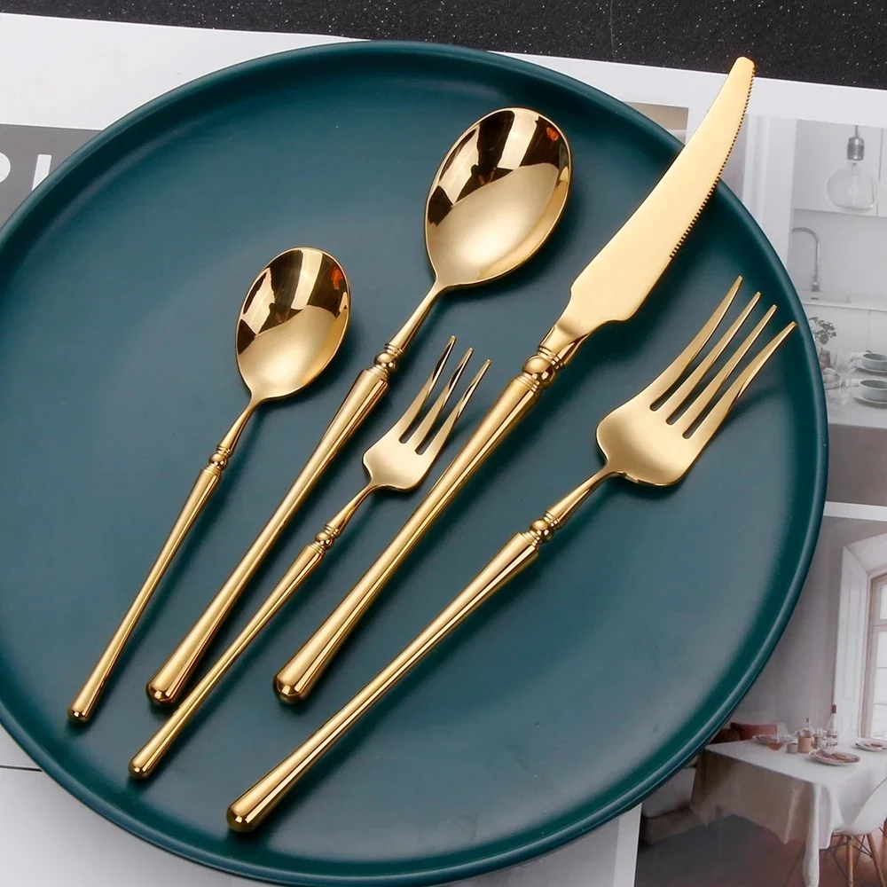 

4pcs/5pcs Mirror Golden Dinnerware Set 304 Stainless Steel Cutlery Set Fork Spoons Knives Tableware Dishwasher Safe Flatware Set