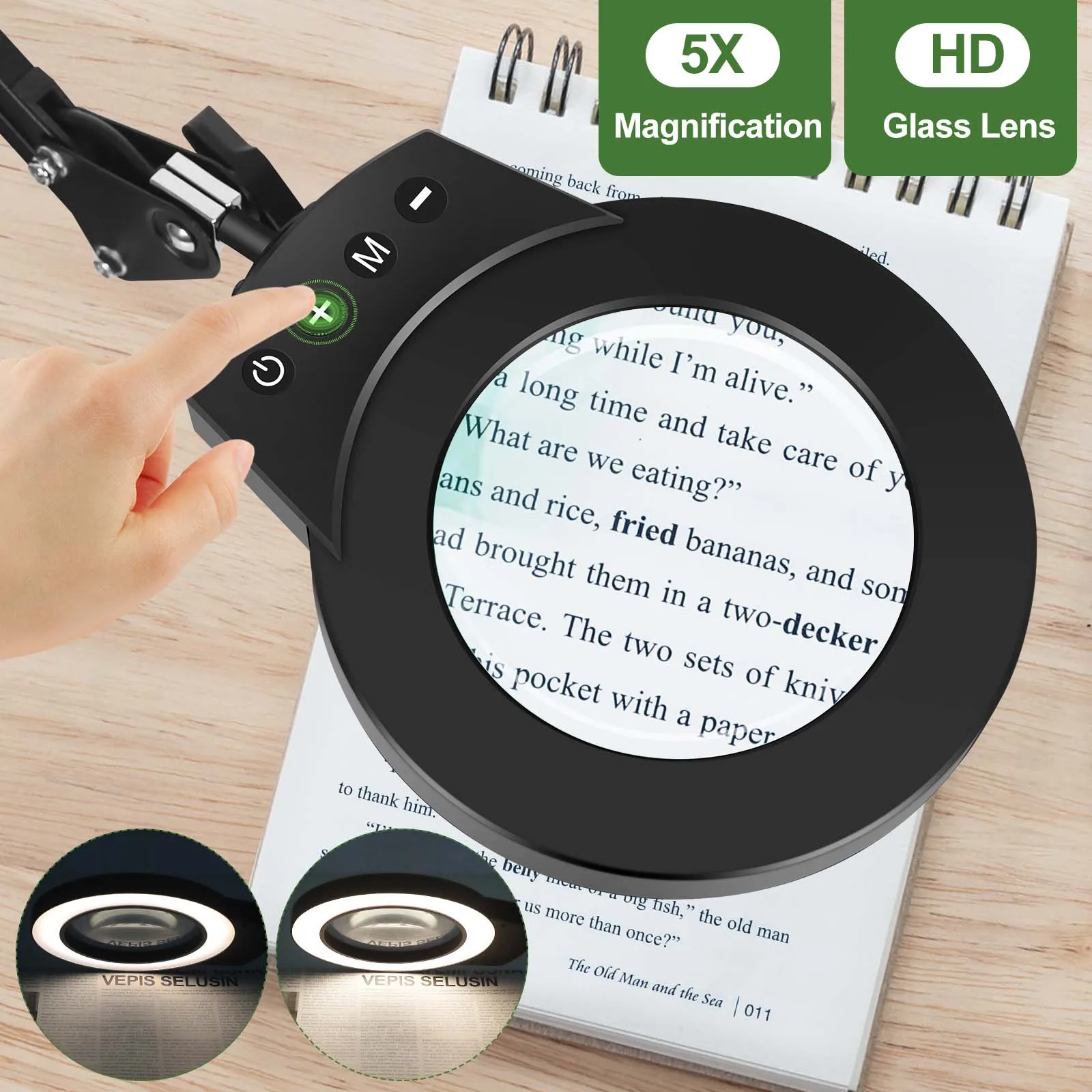 5X Magnifying Lamp with Stand&Clamp and 5 Mode Stepless Dimmable Adjustable Swing Arm LED Lighted Desk Lamp Hands Free Magnifier