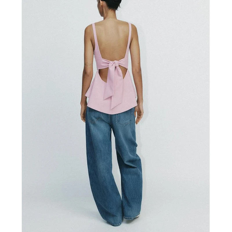 قميص نسائي صيفي جديد بياقة مستديرة بدون أكمام ضيق مع ظهر مكشوف وعقدة فراشة وتنورة قصيرة بتصميم أنيق للأعمال والملابس الكاجوال