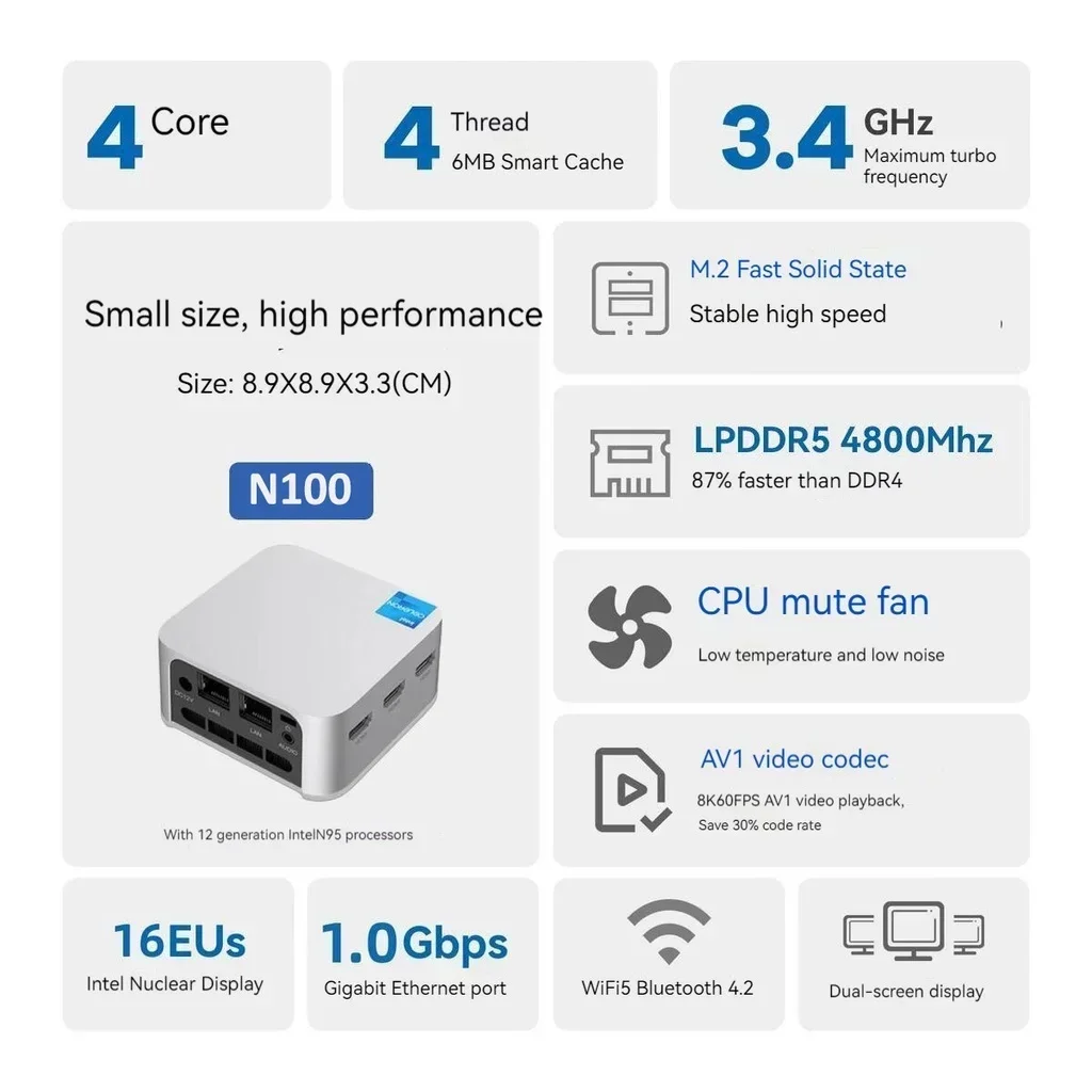 T8 Plus Mini PC Alder Lake N100 Windows 11 4800mhz DDR5 8GB/16GB 512GB SSD Wifi5 BT4.2 Pocket Mini Computer