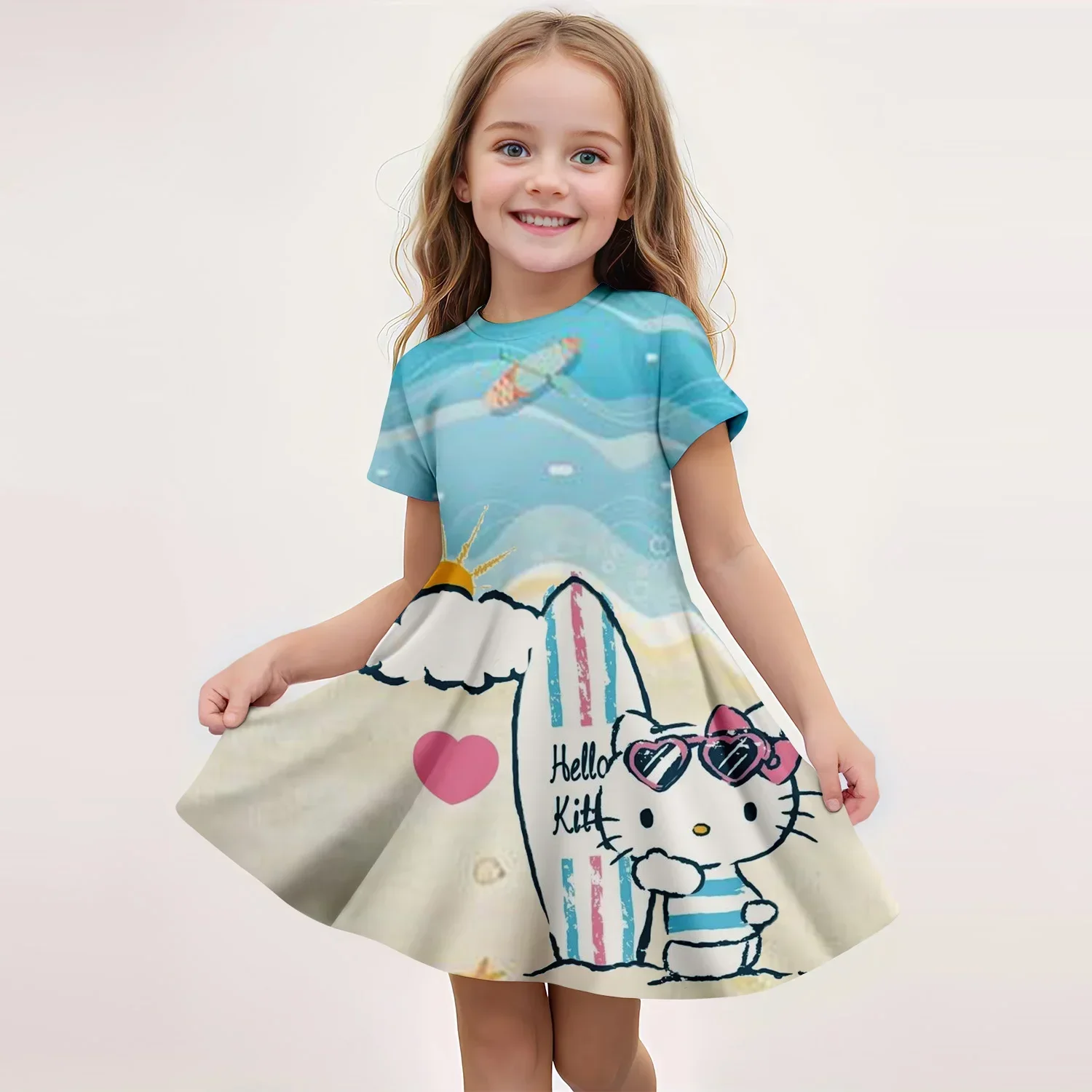 

3D Printed Sanrio Hello Kitty Fashion Cartoon Pattern Cute Short Sleeved Dress Cosplay Youth Girl Clothes Kuromi Clothes Sweet
