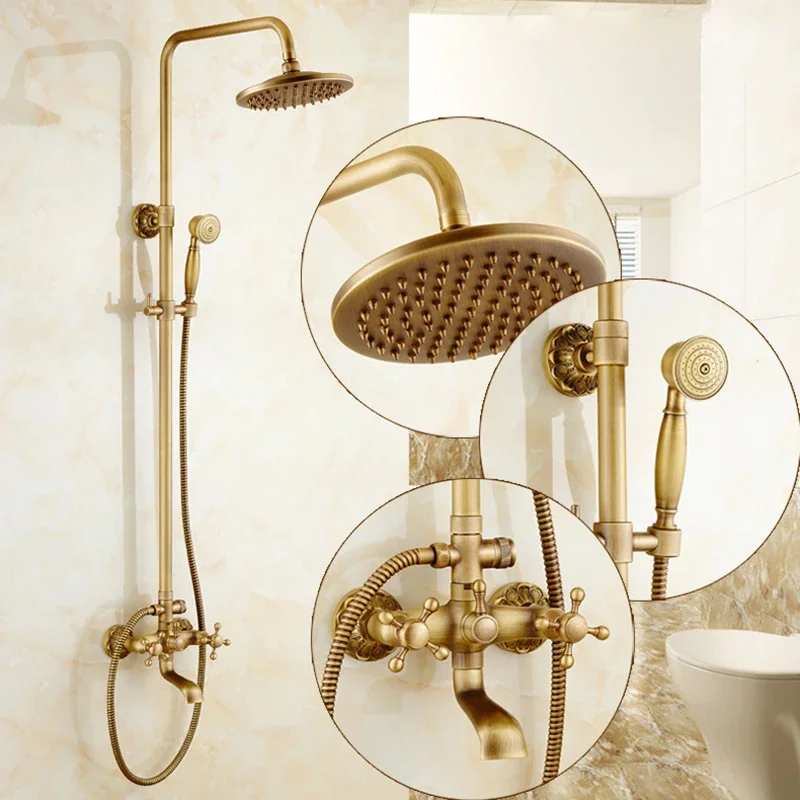 Shower Faucets Antique Brass Wall Moutned Bathroom Faucets Set 8