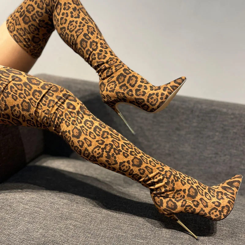 

Arden Furtado 2024 Autumn Leopard suede Metal heel Over the knee boots Pointed toe Slip-on Super high heel Modern boots