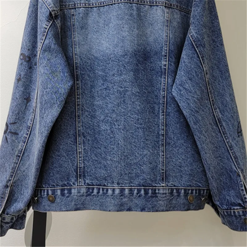 Frühling Hand Bemalt Graffiti Druck Denim Jacke Wolke Patch Patchwork Frauen Casual Revers Langarm Jeans Jacke Streetwear