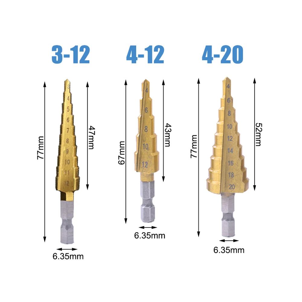 3 PCs lot Metal step drill bit, conical drill bit of high speed steel, drill bit with titanium coated, 3-12 4-20 4-32