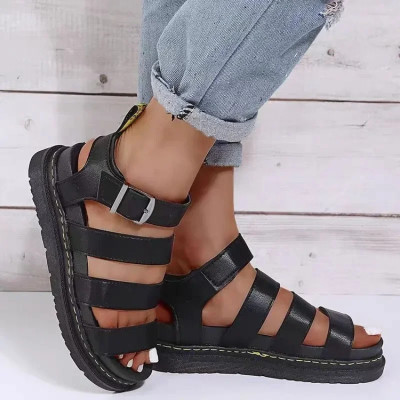 2024 Spot Large Summer New Thick Sole One Line Casual Roman Sandals Women\'s Cross Border Round Head Buckle Shoes