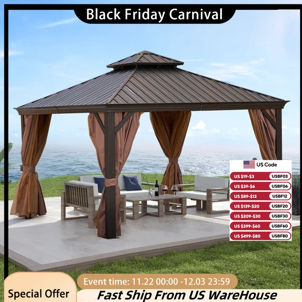 12*12FT Patio Gazebo, Gazebos with Steel Canopy, Outdoor Permanent Hardtop Gazebo Canopy for Patio Garden Backyard, Gazebos