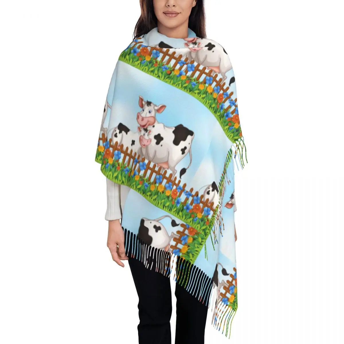Cow Print Scarf Wrap for Women Long Winter Fall Warm Tassel Shawl Unisex Anima Skin Texture Scarves