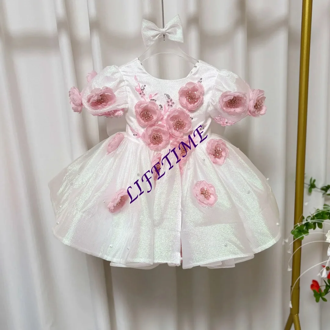 فستان فتاة الزهور الفضي ذو الأقواس اللامعة المخصصة بأكمام منتفخة بطول الركبة للأميرة للأطفال لحفلات الزفاف وأعياد الميلاد فستان رسمي