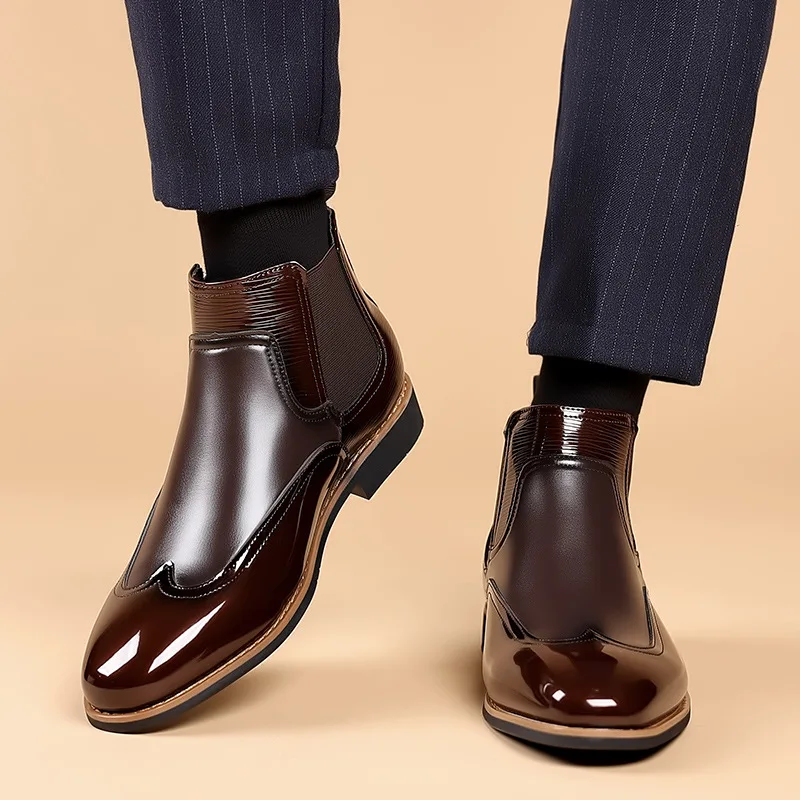 Men's Lacquer Leather Chelsea Casual Boots Men's Shiny High Elastic Mouth Men's Boots