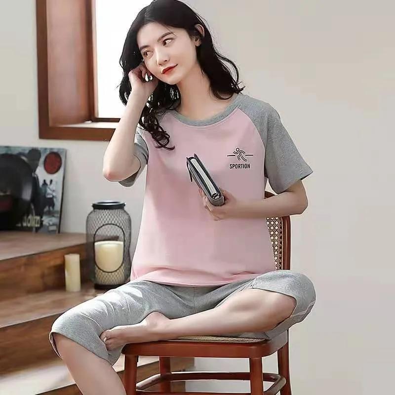 Women Sleepwear Half-Sleeve Seven-Quarter Trousers Student Nightwear Homewear Set Round Neck Cartoon Ladies Pajamas Loungewear image 5