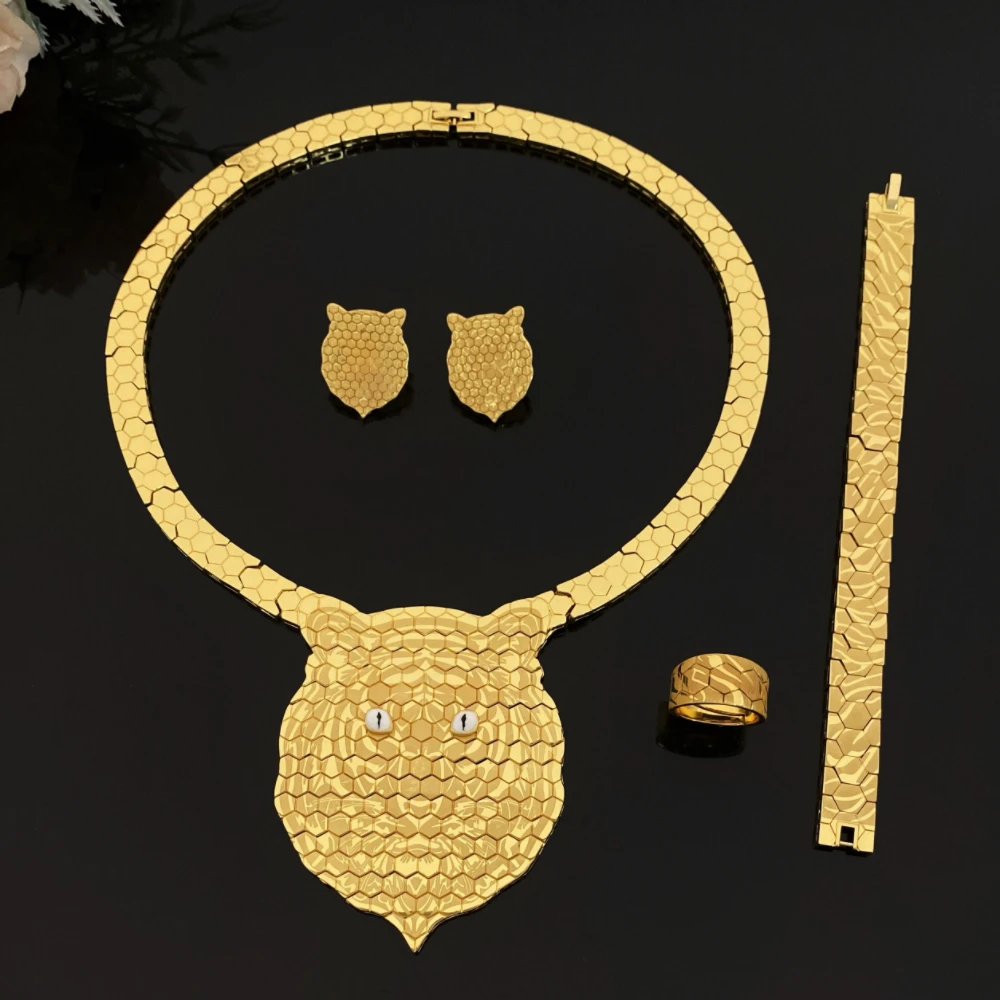 

JRH Роскошный комплект ювелирных изделий с головой алжира и тигра, позолоченный латунный браслет, кольцо, ожерелье, серьги, подарок для женской вечеринки в Дубае