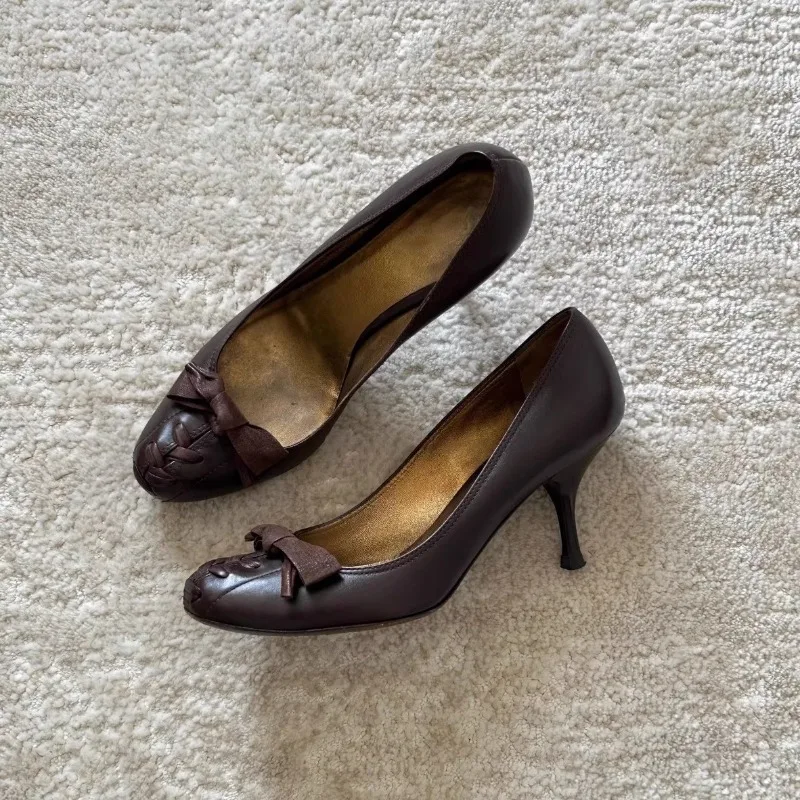 

Retro Round Toe Elegant High Heels Ladies Cross Straps Shallow Fashion Designer Party Dress Shoes Women Pumps Zapatos De Mujer