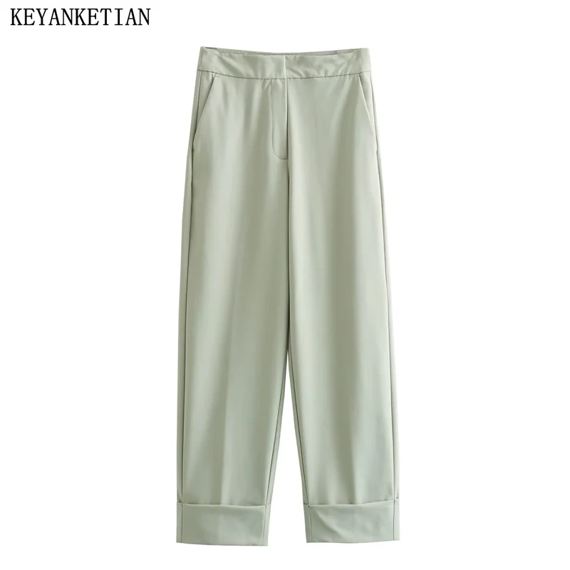 

KEYANKETIAN Autumn New Women's Slacks With Rolled Legs Pockets Zipper High-Waisted Slacks Office Lady Straight Long Trousers