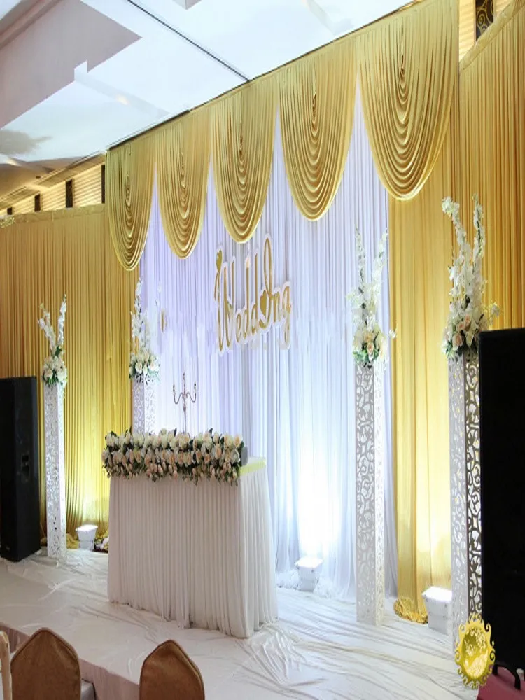 Fast Shipping 3x6m White And Gold Wedding Backdrop Curtain With Swag Wedding Drapes , Wedding Stage Backdrop