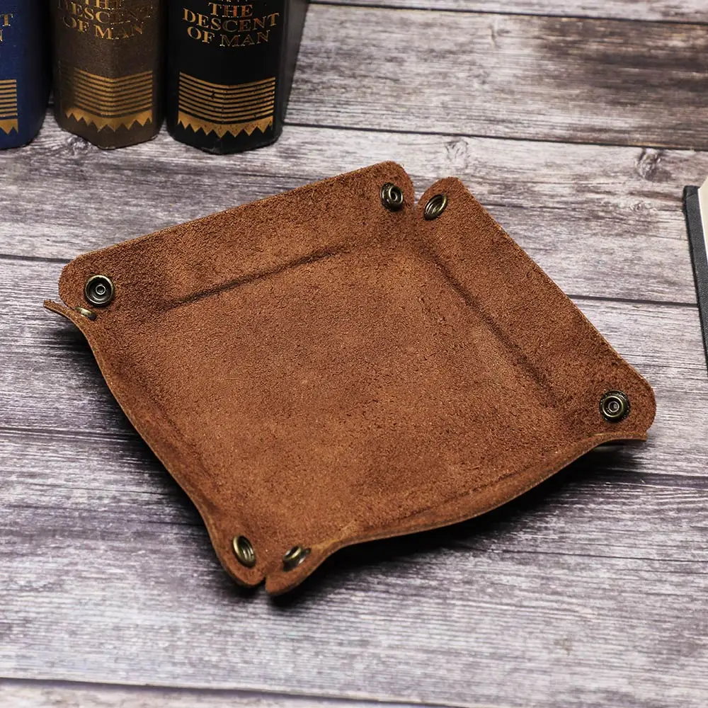 Retro Crazy Horse Leather Folding Tray Collapsible Jewelry  Key Wallet Coin Desktop Storage Sundries Organizer Box Accessories