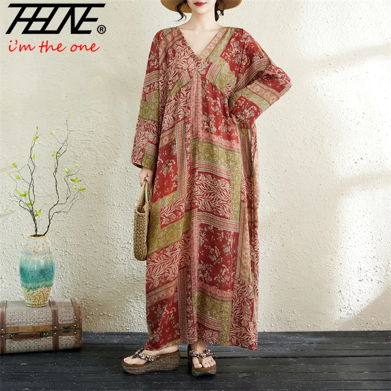 THHONE Vestido Feminino Robe Dress Women Autumn Winter Loose Vintage Print Long Sleeve Plus Size V-neck Holiday Beach Clothes