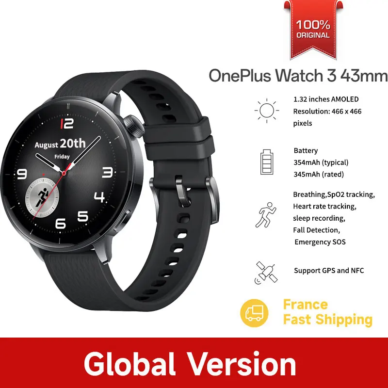 OnePlus montre 3 43mm Version mondiale montre intelligente 1.32 "AMOLED affichage prise en charge NFC GPS Bluetooth appel SpO2 détection de chute