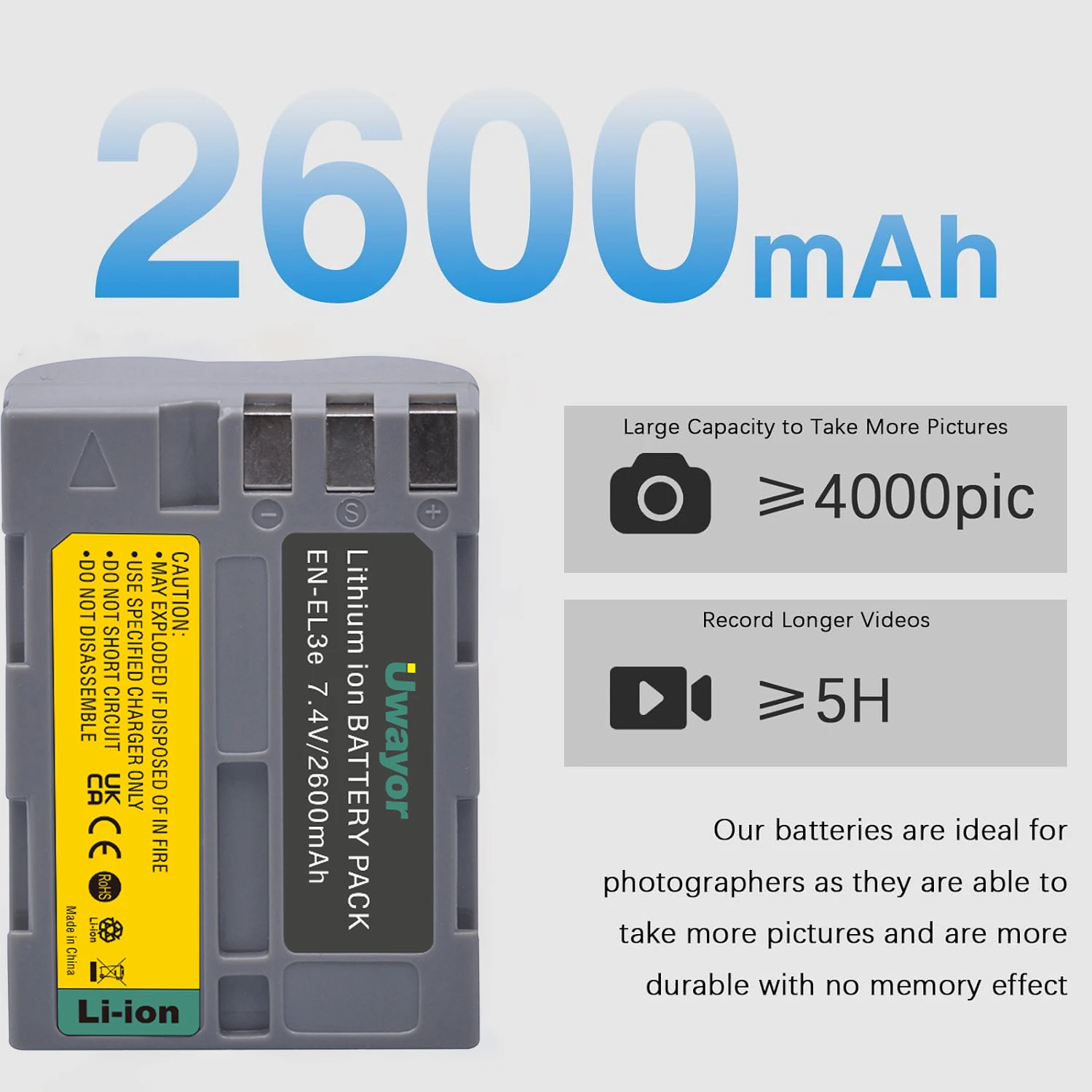 UWayor EN-EL3e Battery and Charger Set for Nikon D50, D70, D70s, D80, D90, D100, D200, D300, D300S