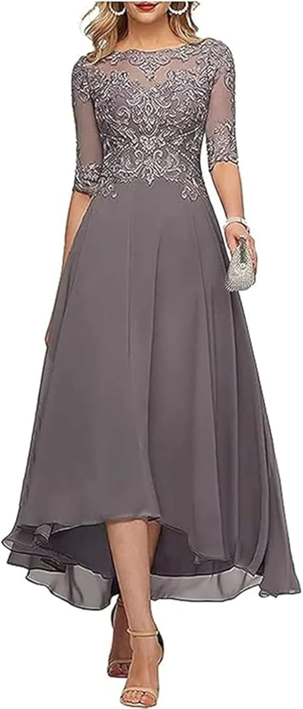 ชุดผ้าชีฟองปักลายลูกไม้สำหรับคุณแม่ของเจ้าสาวชุดงานพรอมสำหรับงานแต่งงานแขน3/4ชุดเดรสสำหรับงานเลี้ยงตอนเย็นเป็นทางการสำหรับผู้หญิง