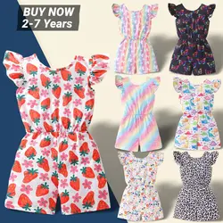 2024 Summer Kids Girls Jumpsuit 1-7Y Sling Leopard Butterfly Rainbow Floral Baby Girls Rompers Soft Ventilate Girls Clothing