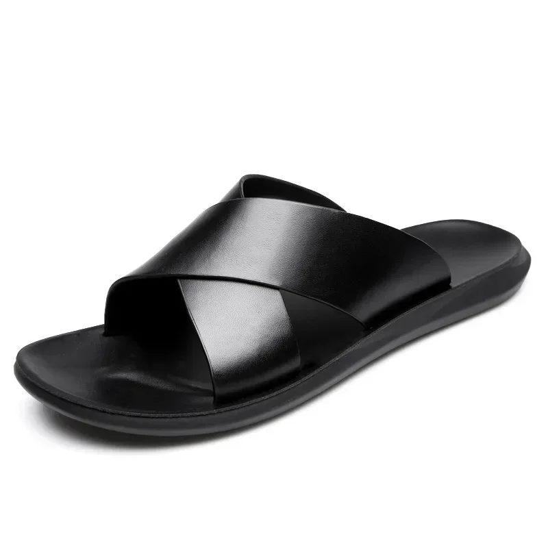 

Flat Leather Beach Shoes Ltalian Style Mens Slipper Quality Bathroom Men's Slide Sandals Slippers for Men Cross-strap